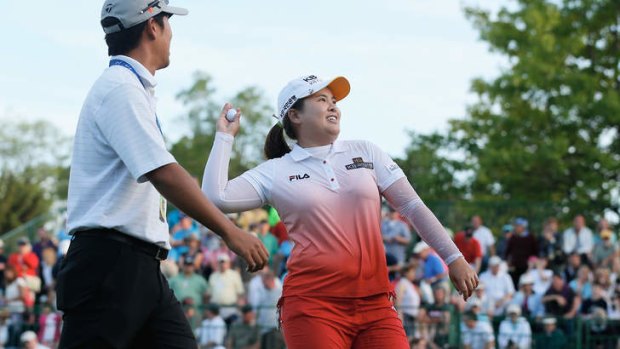 Joyous: Inbee Park celebrates winning the LPGA Championship on Sunday in Pittsford, New York.
