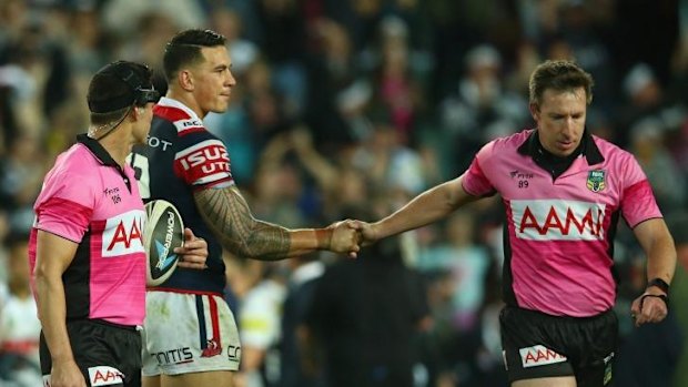 Wild Bill: Sonny Bill Williams gives referee Jared Maxwell the glare following the Roosters’ loss to Penrith last Saturday.