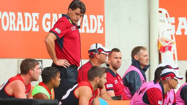 Demons coach Paul Roos shows his frustration on the sidelines during the match against Greater Western Sydney.