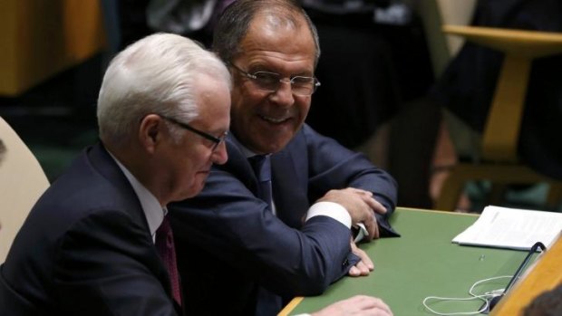 Russia's Foreign Minister Sergey Lavrov (right) with Russia's Ambassador to the UN Vitaly Churkin, during Barack Obama's speech.