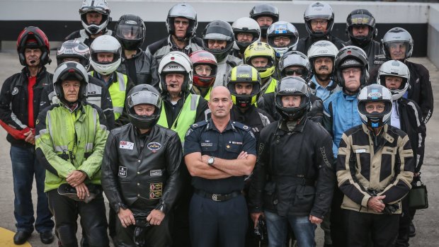 Road policing Assistant Commissioner Doug Fryer at  the launch of  Operation Nexus with 24 motorcyclists representing the 24 riders who have lost their lives on Victoria roads this year. 