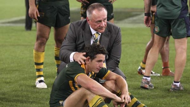 The one that got away . . . Tim Sheens consoles Billy Slater after the Kangaroos lost to the Kiwis at Suncorp Stadium on Saturday night.