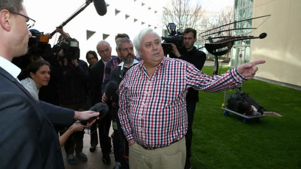 Palmer United Party leader Clive Palmer addresses the media in the Senate courtyard at Parliament House in Canberra on Thursday.