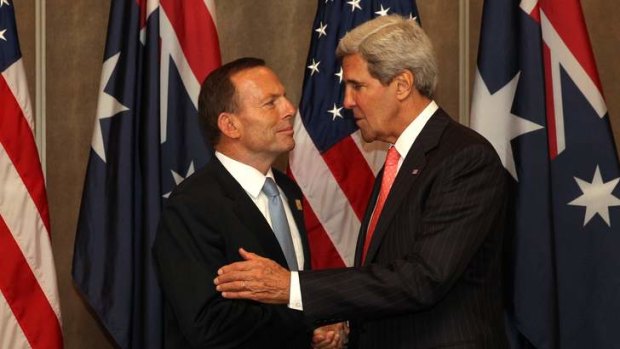 Prime Minister Tony Abbott meets with US Secretary of State John Kerry during a bilateral meeting, in Bali, Indonesia.