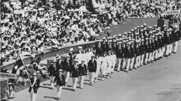 March of history ... the Australian contingent at the opening ceremony of the 1948 London Olympics at Wembley Stadium.