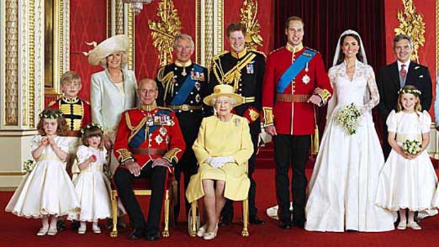 Portrait for posterity: Prince William and Catherine, the Duchess of Cambridge, centre. (Back row from left) Master Tom Pettifer, Camilla, Duchess of Cornwall, Prince Charles, Prince Harry, Michael Middleton, Carole Middleton, James Middleton, Philippa Middleton, and (front row from left) Grace van Cutsem, Eliza Lopes, Prince Philip, Queen Elizabeth II, Margarita Armstrong-Jones, Lady Louise Windsor, and William Lowther-Pinkerton at Buckingham Palace, after the wedding.