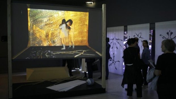 Joan Jonas' video installation <i>They Come to US Without a Word</i> in the US pavilion.