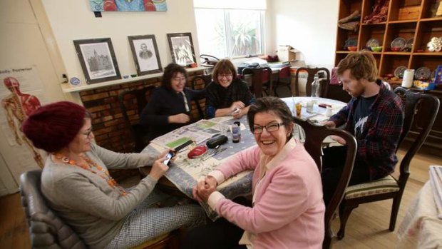 Cathy McGowan with her sisters and campaign media adviser Cambell Klose.