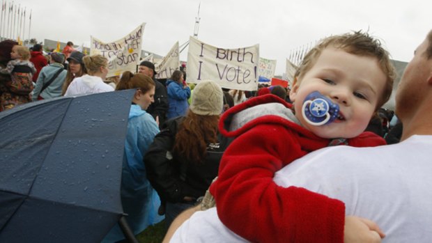Jedd Langlands, 2, at the home birth rally outside Parliament in Canberra.