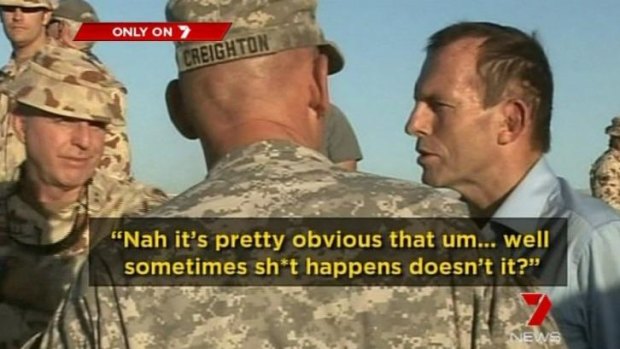 Sh*t happens: Tony Abbott puts his foot in his mouth while talking to Australian soldiers.