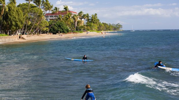 Surfing school at Lahaina on the island of Maui in Hawaii. 