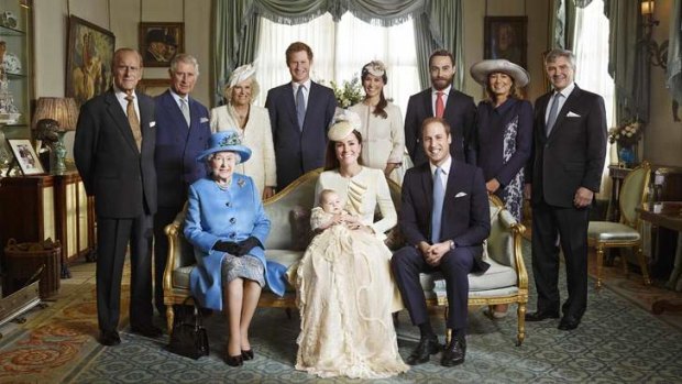 One for the ages: Prince William, his wife Catherine, Duchess of Cambridge and their son Prince George pose with the Queen and family members after the christening.