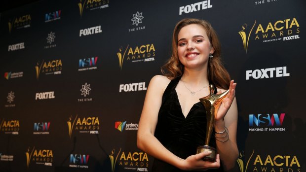 Odessa Young poses in the media room after winning the AACTA Award for Best Lead Actress for The Daughter.