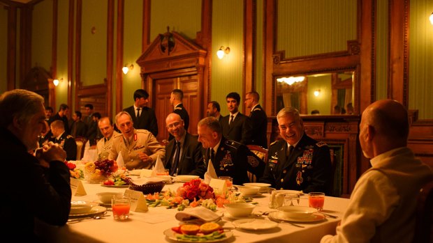 General John Campbell (second from right), commander of the international Resolute Support mission and US forces in Afghanistan, chief executive of Afghanistan Dr Abdullah Abdullah (far left) and President Ashraf Ghani (right) before dinner at the Presidential Palace, in Kabul, in the general's honour, before leaving his post in Afghanistan and retiring from the army on February 25, 2016.