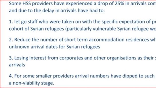 A screen shot of part of an email by a provider of refugee services who claims the slow rate of arrivals has caused some organisations to let go staff. 