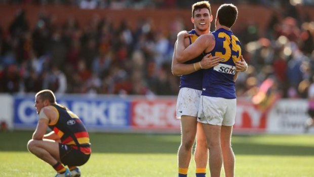 Well done, Eagles: Luke Shuey (left) and Patrick McGinnity celebrate their win.