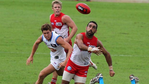 Adam Goodes stays focused at Blacktown yesterday.