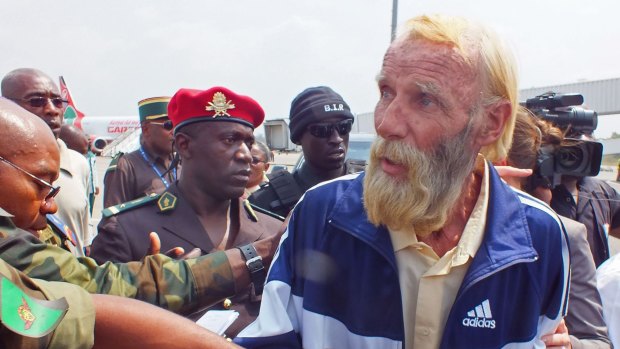 Nitsch Eberhard Robert, a German citizen abducted and held hostage by suspected  Boko Haram militants, is seen as he arrives at the Yaounde Nsimalen International Airport after his release in Cameroon.