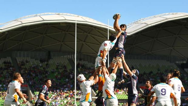Tall order ... Tim Davidson of the Rebels wins the ball in a lineout against the Cheetahs at AAMI Park yesterday. It was the Rebels’ 12th successive loss.