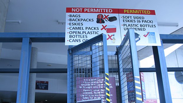 The sign at the Gabba explaining what is and isn't allowed to be taken into the stadium.