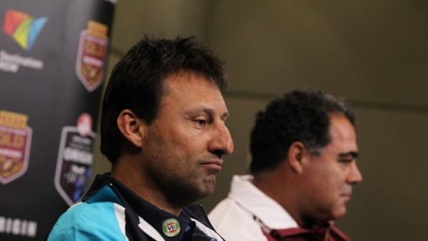 No show: NSW and Queensland coaches Laurie Daley and Mal Meninga.