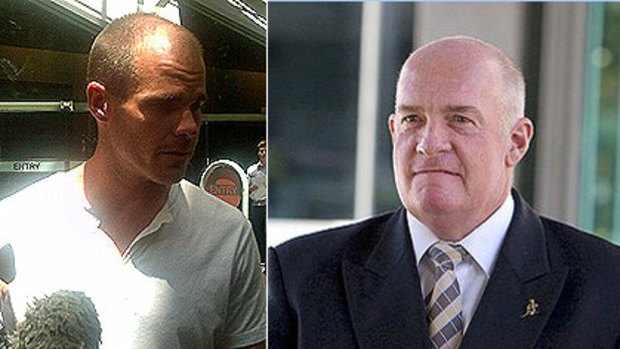 Gordon Nuttall's son, Andrew Nuttall, faces the media outside court (left). Nuttall at his trial last year (right).