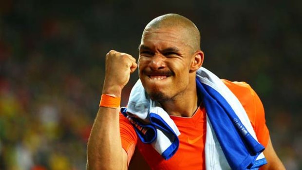 Nigel De Jong of the Netherlands after the game ended in victory for his team,