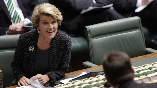 I can't hear you ... a revved-up Julie Bishop butts in as the Immigration Minister, Chris Bowen, speaks.