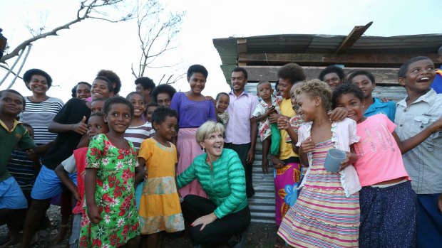 Minister for Foreign Affairs Julie Bishop meets with locals during her visit to Koro Island during her visit bringing Australian Aid to Fiji after it was affected by Tropical Cyclone Winston.