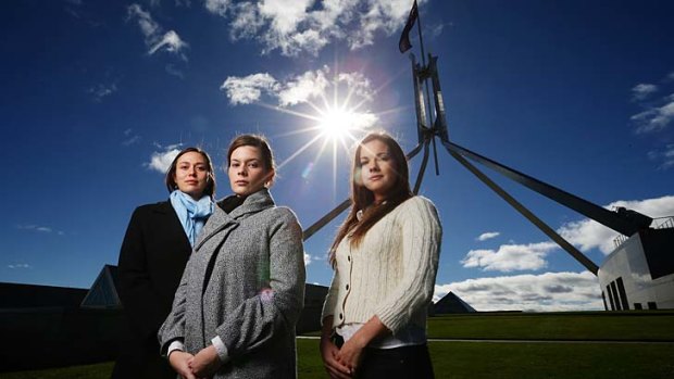 Bright hope for tomorrow: Sarah Bourke, Elise Wall and Jo Brock during their visit for the Straight Talk National Summit at Parliament House in Canberra.