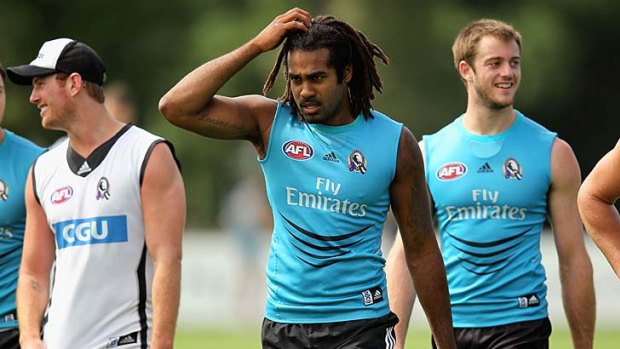 Collingwood star Harry O'Brien at a training session yesterday.