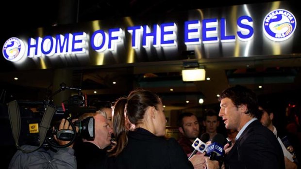 Facing the music &#8230; Parramatta stalwart Nathan Hindmarsh is interviewed after the club’s annual general meeting, attended by the entire first grade squad, last night at Parramatta Leagues Club.