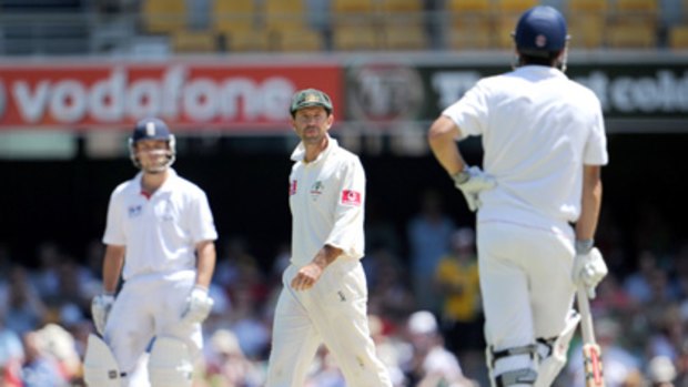 Heated moment ... Ricky Ponting has words with Alastair Cook after claiming a catch which was turned down.