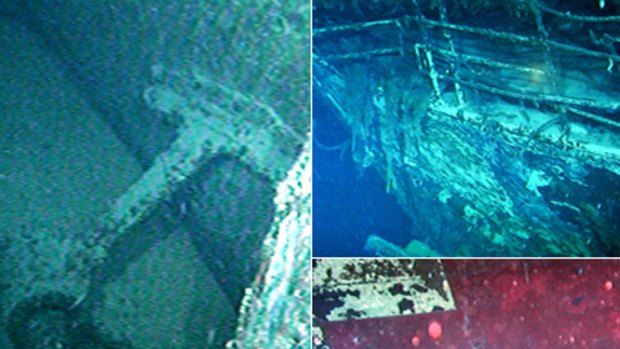 The first footage of the wreck of the WWII hospital ship the Centaur includes shell holes in the bow (left), the ship's bow (top right) and a red cross symbol on the port side bow (bottom right).