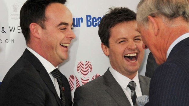 British comedians Ant and Dec, Anthony McPartlin, left, and Declan Donnelly, meet Prince Charles.