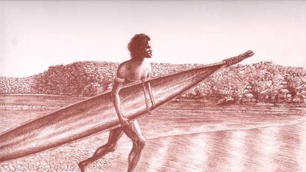 The early surf ski? ... an artwork set at Fairy Bower from Saltwater People of the Broken Bays.