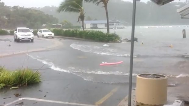 The storm surge at Shute Harbour. Photo: YouTube.