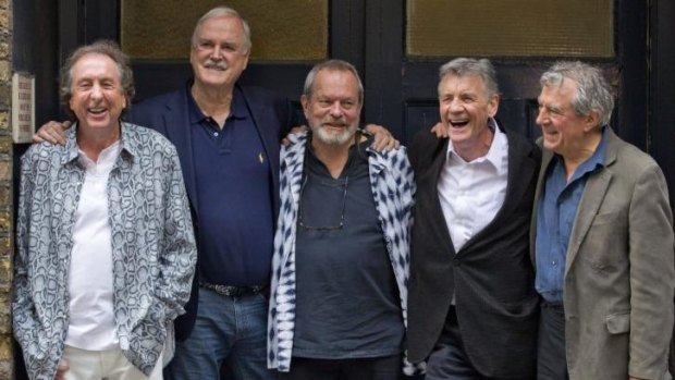 British comedy troupe Monty Python, (from left) Eric Idle, John Cleese, Terry Gilliam, Michael Palin and Terry Jones pose for a photograph  at a press conference on the eve of their reunion shows at London's O2 Arena.