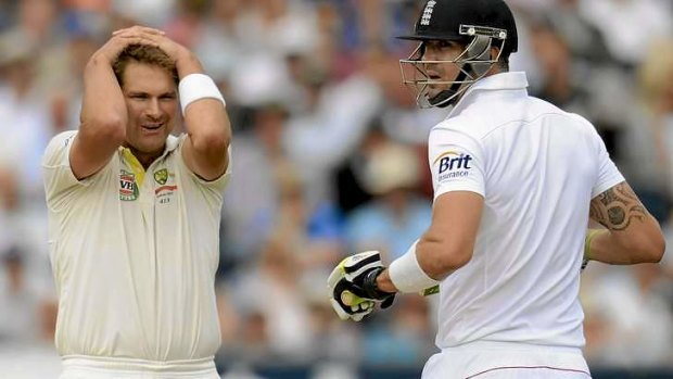 Near miss: Ryan Harris reacts as Kevin Pietersen escapes with a run.