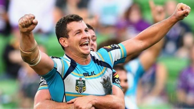 Something to say: Greg Bird celebrates after booting the winning penalty goal for the Titans against Melbourne on Sunday.