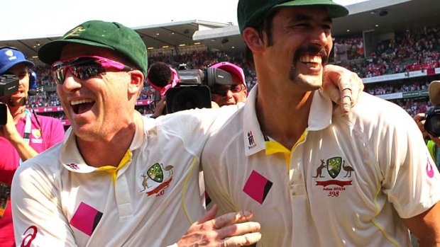 Brad Haddin and man of the series Mitchell Johnson celebrate Australia's 5-0 clean sweep at the SCG yesterday.