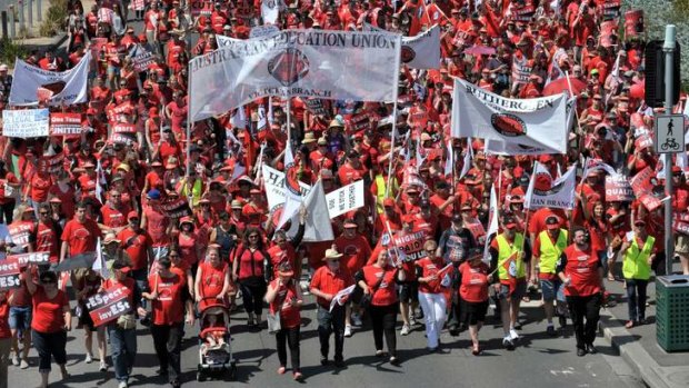 Thousands of Victorian teachers at a strike earlier this year.