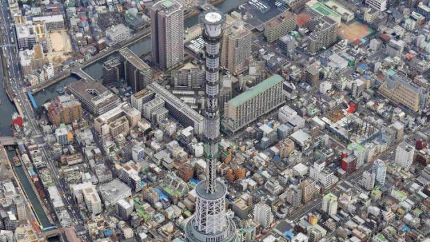 The tower hosts two observation decks -- at 350 metres and 450 metres above ground -- as well as restaurants and office space and sits at a former freight shunting yard along the Sumida river.
