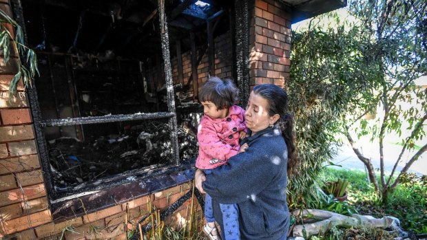 Thalia Bhandari with her daughter Alcina, 4, at their unit that caught fire in View Road, Springvale. 