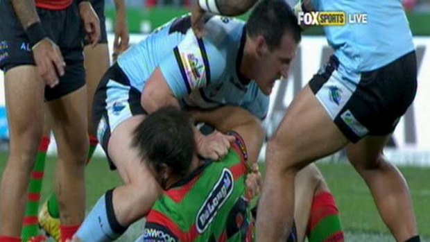 The moment ... Paul Gallen's knee connects with Dave Taylor.