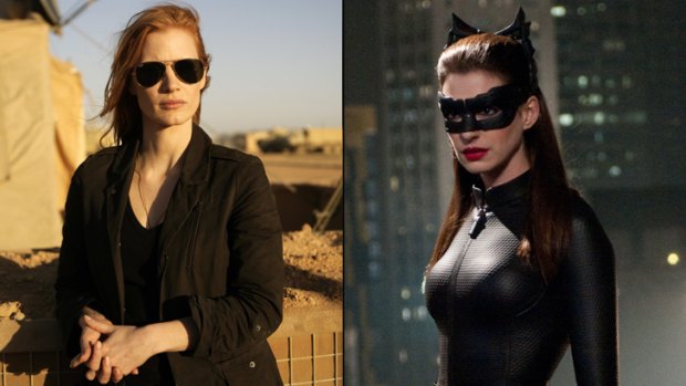 Jessica Chastain (left) as  Maya in  <i>Zero Dark Thirty</i> and Anne Hathaway (right) as a feisty Catwoman in <i>The Dark Knight Rises</i>.