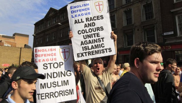 Members of the English Defence League  gather for a rally in London.