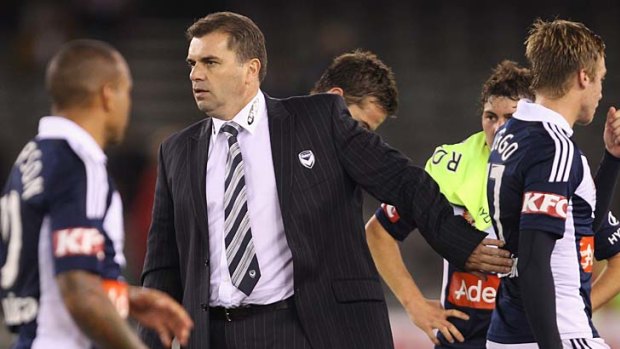 Ange Postecoglou with his players after the game against Olympiakos on the weekend.