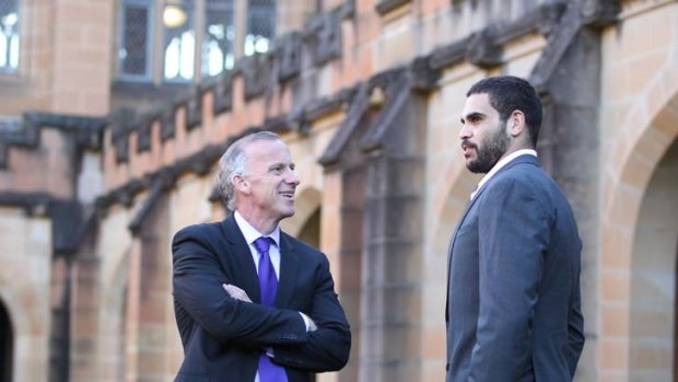 Centre of learning &#8230; the vice-chancellor of the University of Sydney, Michael Spence, talks with Souths star Greg Inglis.