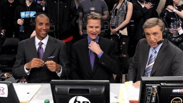 Knicks coaching candidate Steve Kerr surrounded by television co-commentators Reggie Miller and Marv Albert.